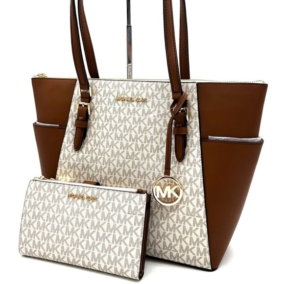 Michael Kors Large Charlotte Tote Bag & Large Double Zip Wallet Vanilla/Brown - Picture 1 of 13